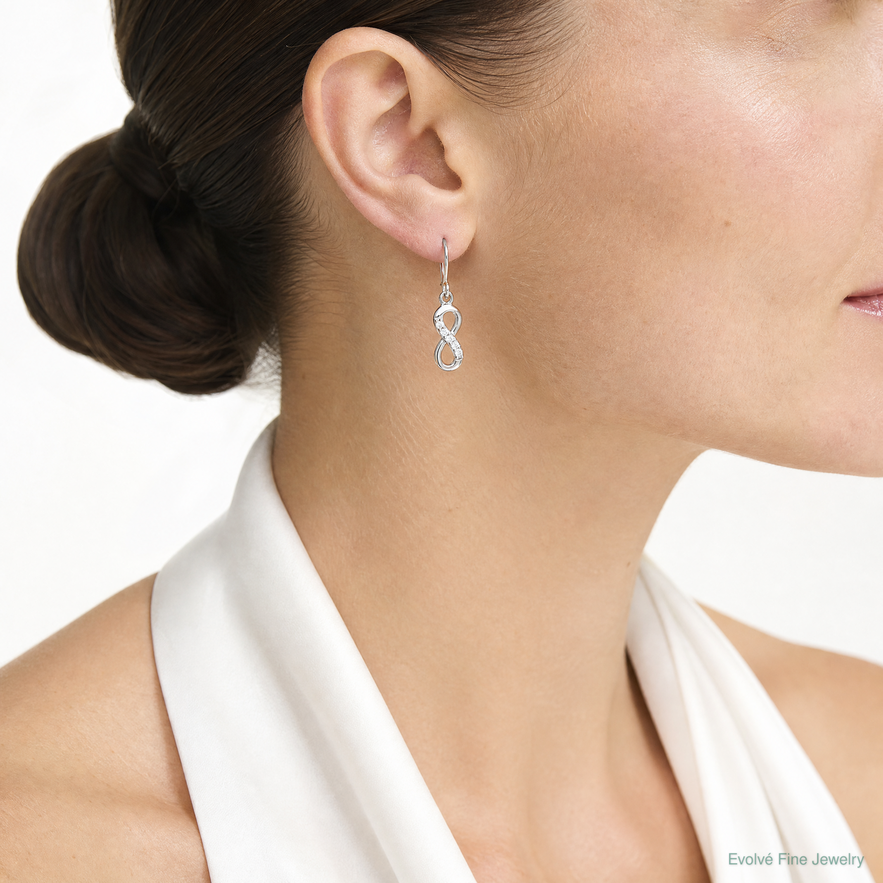 Sterling Silver Rhodium-plated with CZ Infinity Shepherd Hook Earrings - Model Shot