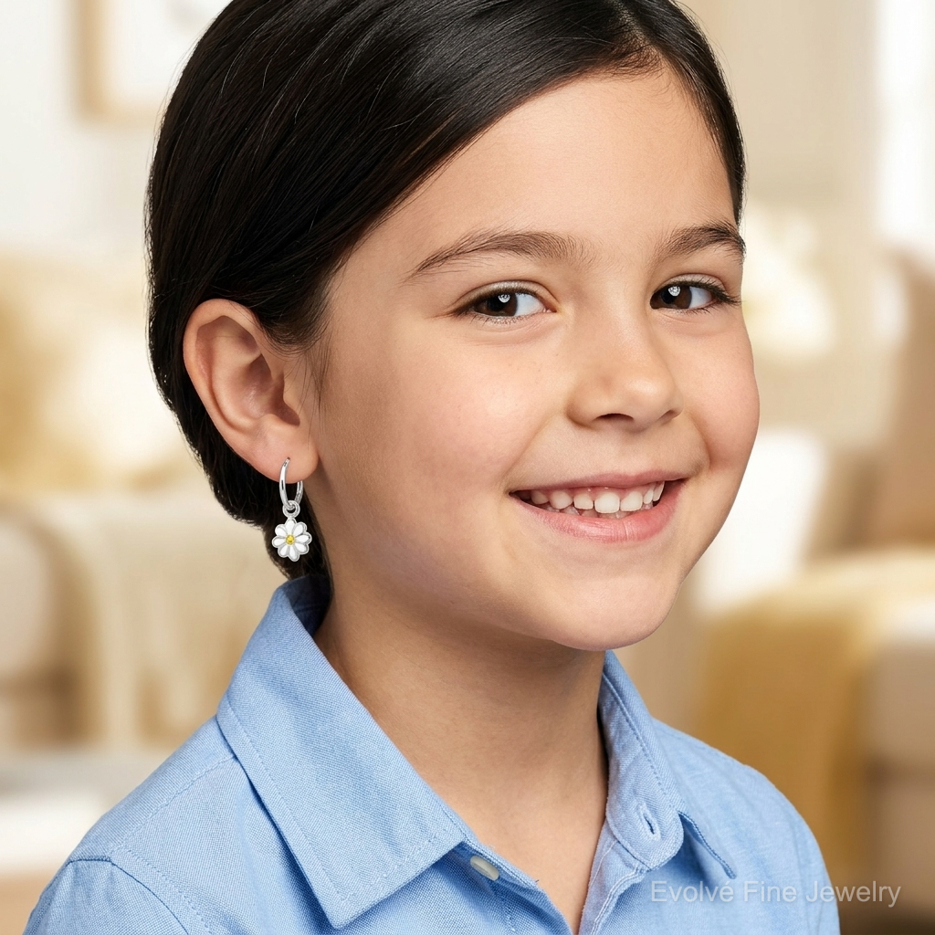 Sterling Silver RH-plated Enamel Daisy Children's Round Hoop Earrings - Model Shot