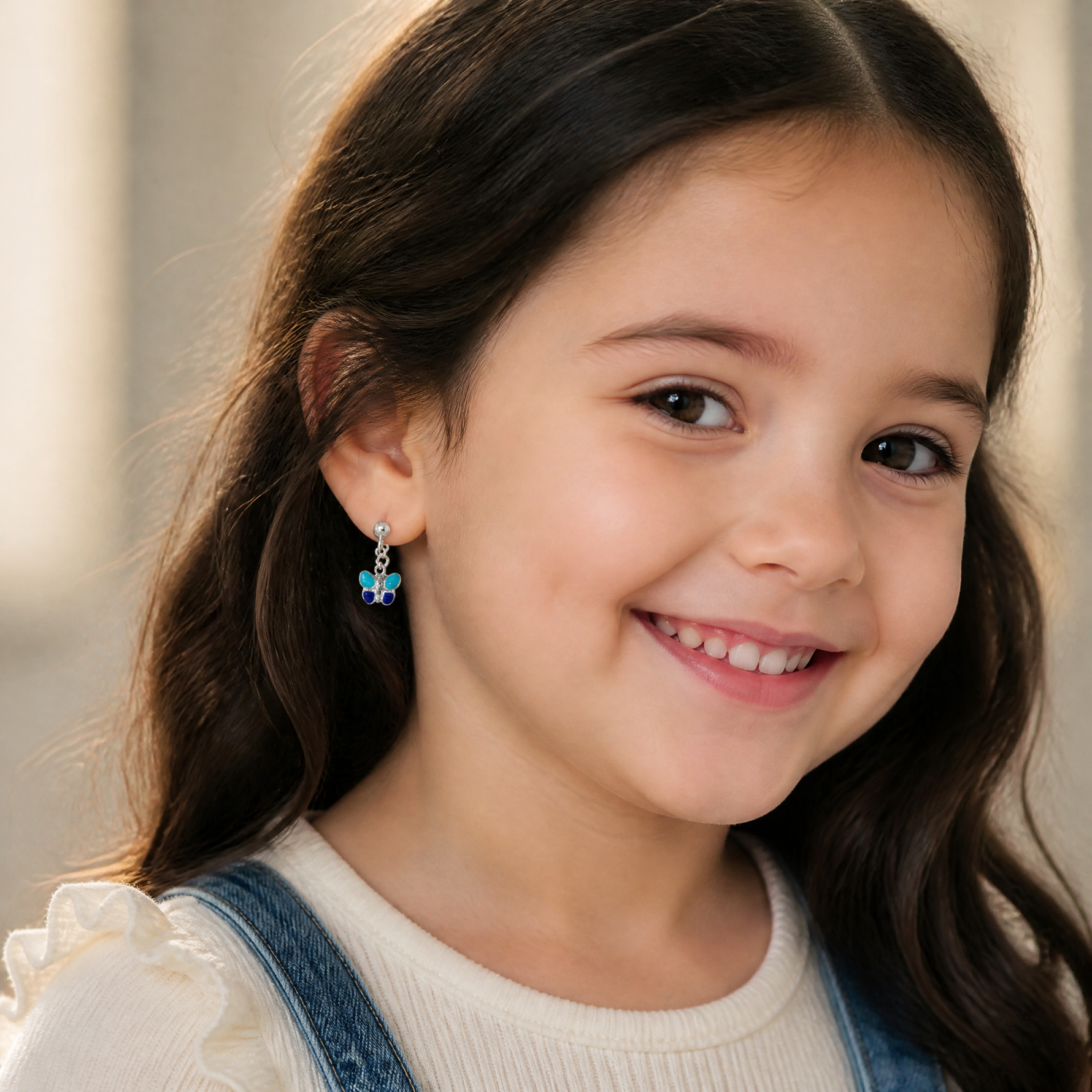 Sterling Silver Childrens Blue/Purple Enamel Butterfly Post Dangle Earrings - Model Shot