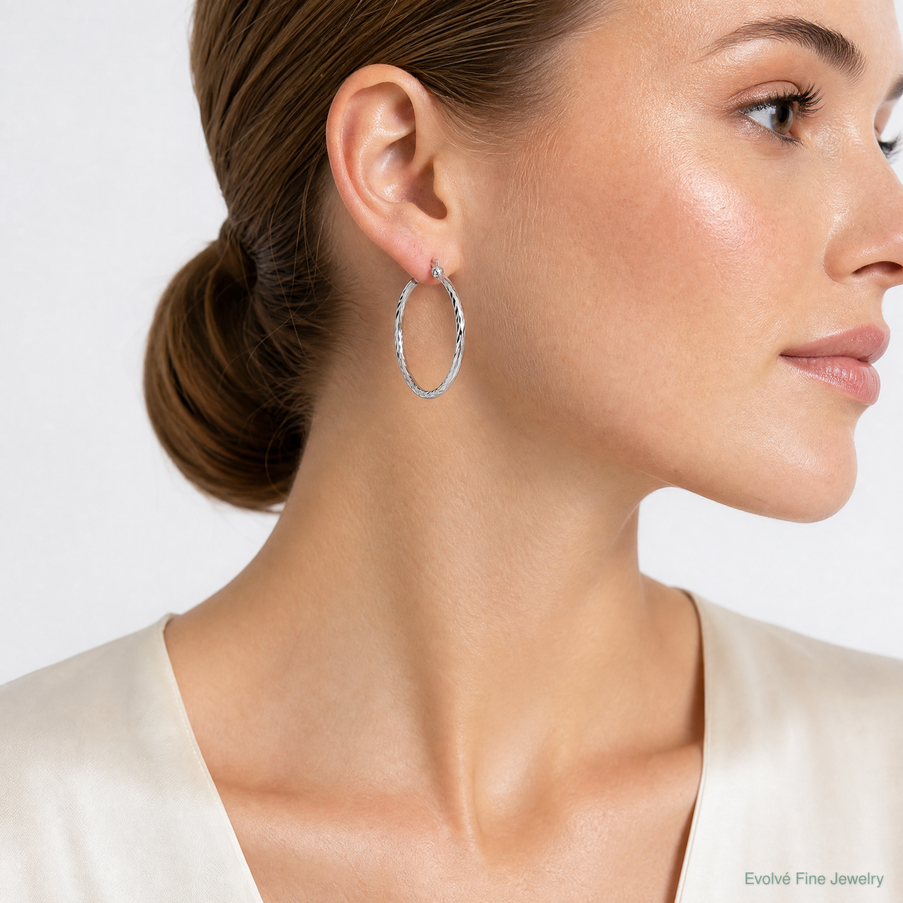 Sterling Silver Rhodium-plated 2.5mm Textured Round Hoops - Model Shot