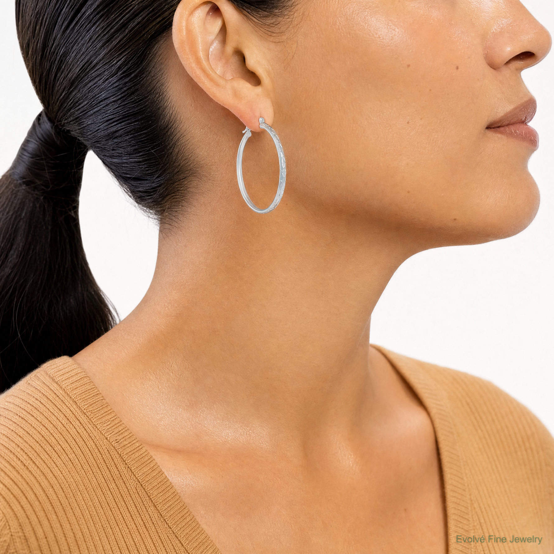Sterling Silver Rhodium-plated 3mm Satin Diamond-cut Hoop Earrings - Model Shot