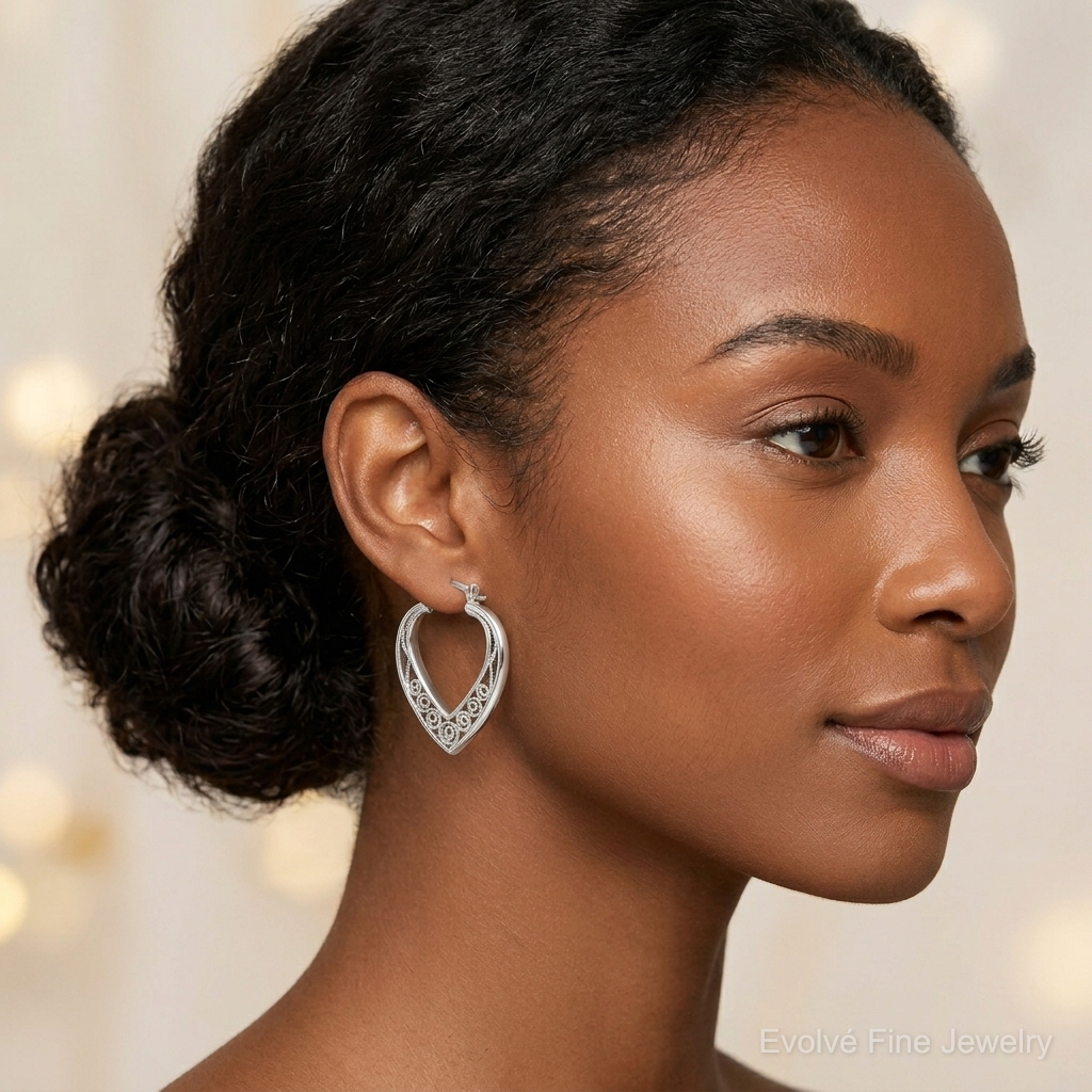 Sterling Silver Polished Filigree Heart Hoop Earrings - Model Shot
