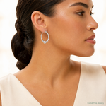 Sterling Silver Rhodium-plated Diamond-cut Beaded Hoop Earrings - Model Shot