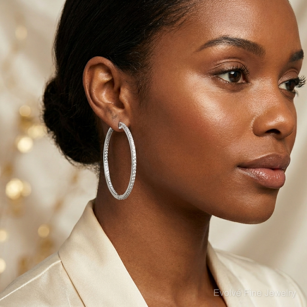 Sterling Silver Rhodium-plated Diamond In & Out Hoop Earrings - Model Shot