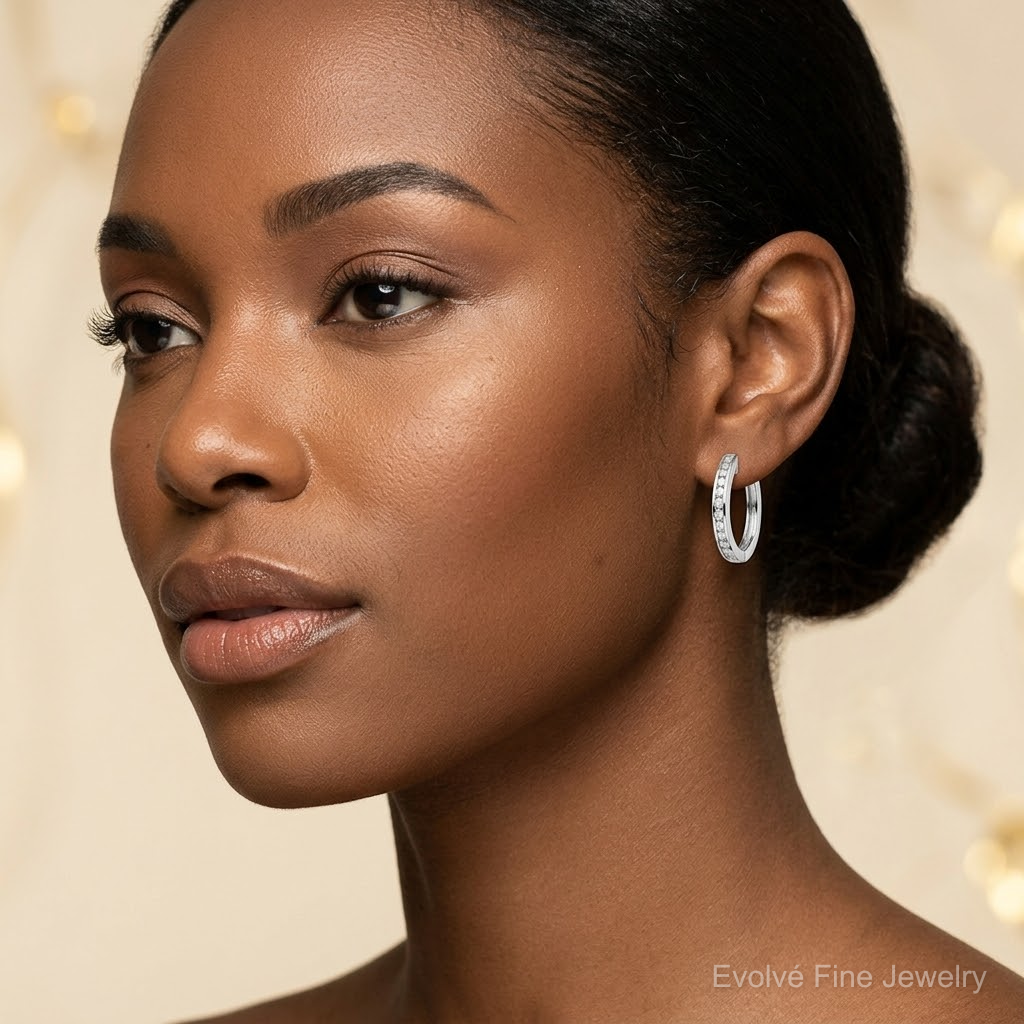 Sterling Silver Rhodium-plated In/Out PavÃ© Hinged Hoop Earrings - Model Shot