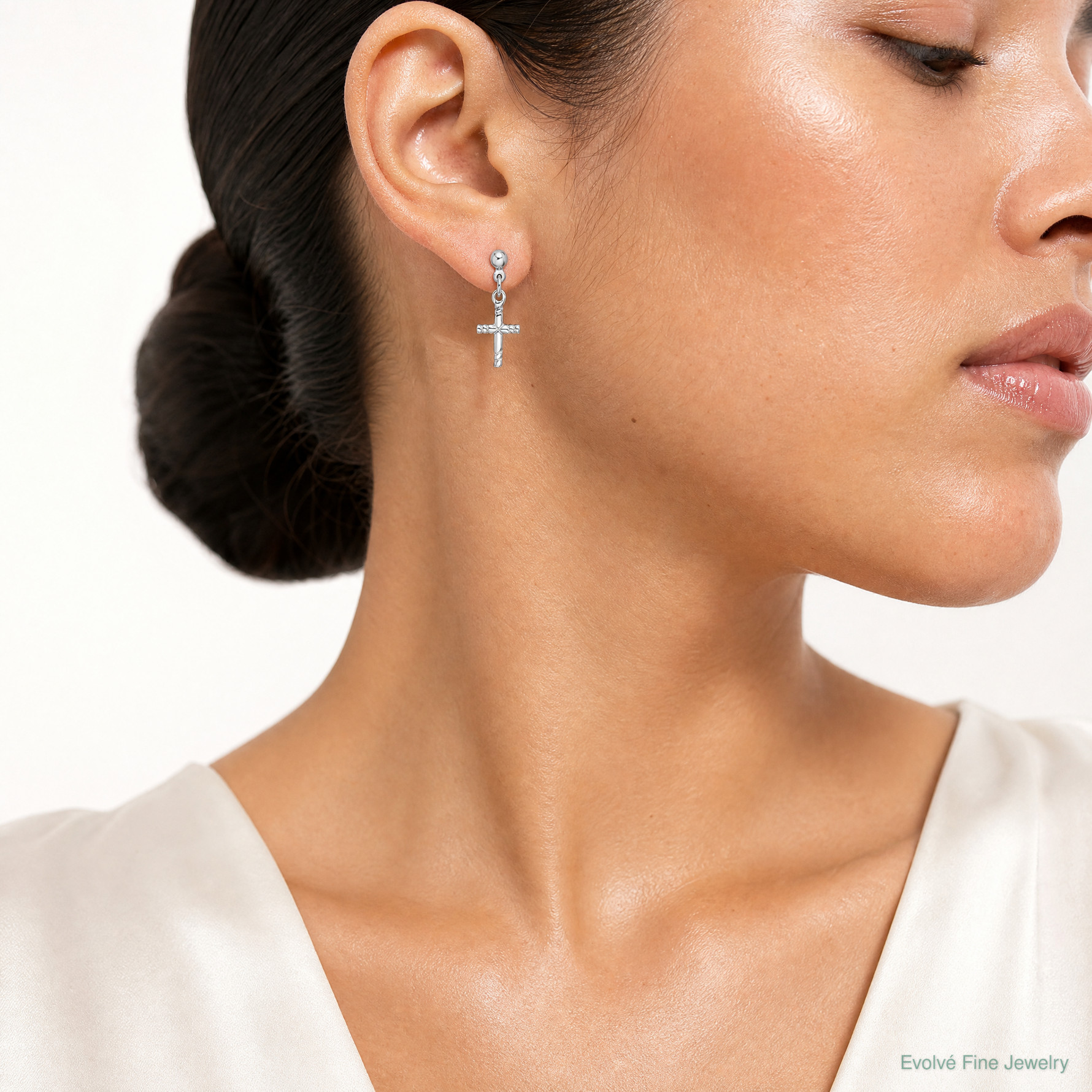 Sterling Silver Rhodium-plated Polished Cross Post Dangle Earrings - Model Shot