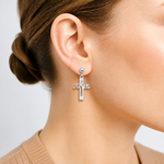 Sterling Silver Rhod-plated Polished JESUS Cross Post Dangle Earrings - Model Shot
