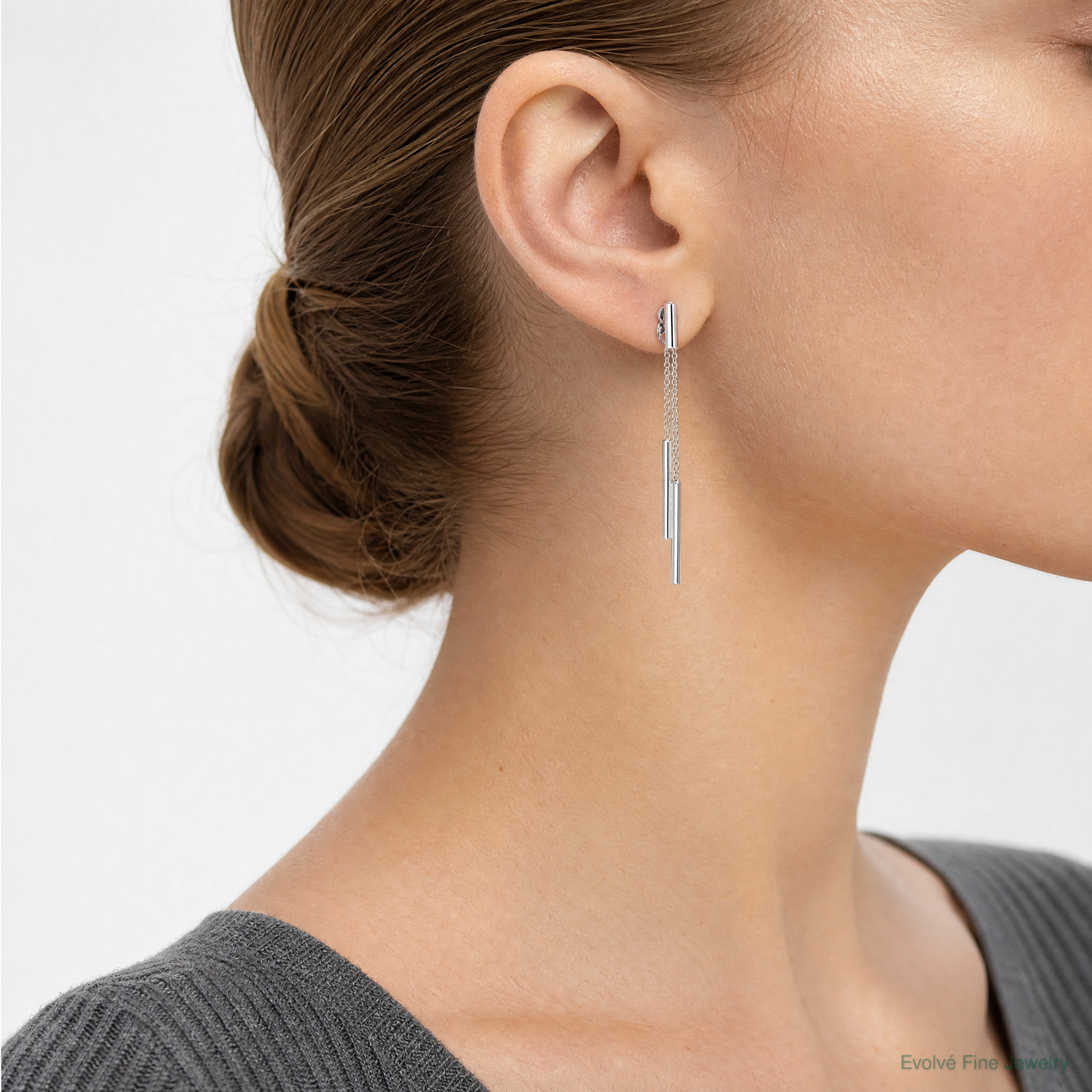 Sterling Silver RH-plated Bar & Chain Front/Back Post Dangle Earrings - Model Shot