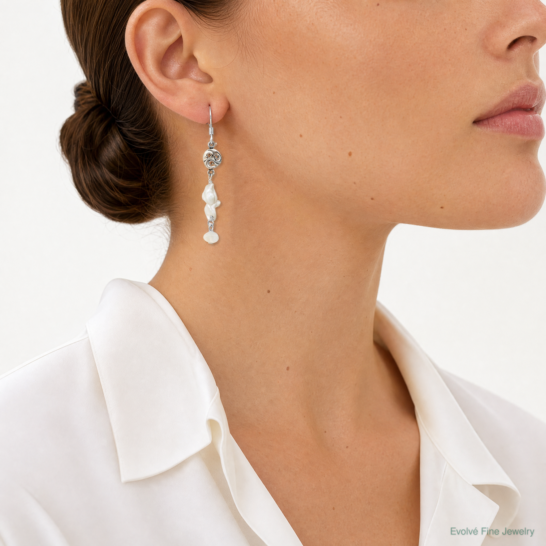 Sterling Silver Polished FWC Pearl & Moonstone Dangle Earrings - Model Shot