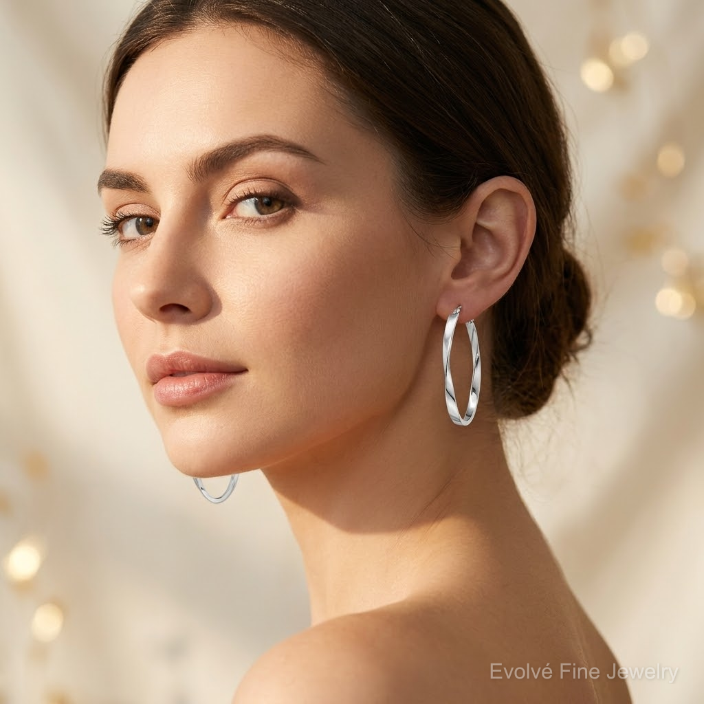 Sterling Silver Rhodium-plated Polished & Twisted Oval Hoop Earrings - Model Shot