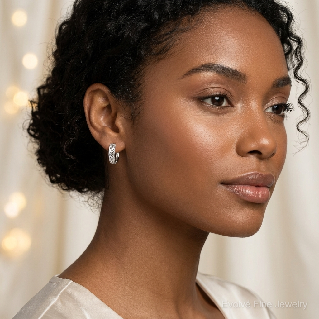 Sterling Silver Polished Cut-out Design Hinged Hoop Earrings - Model Shot