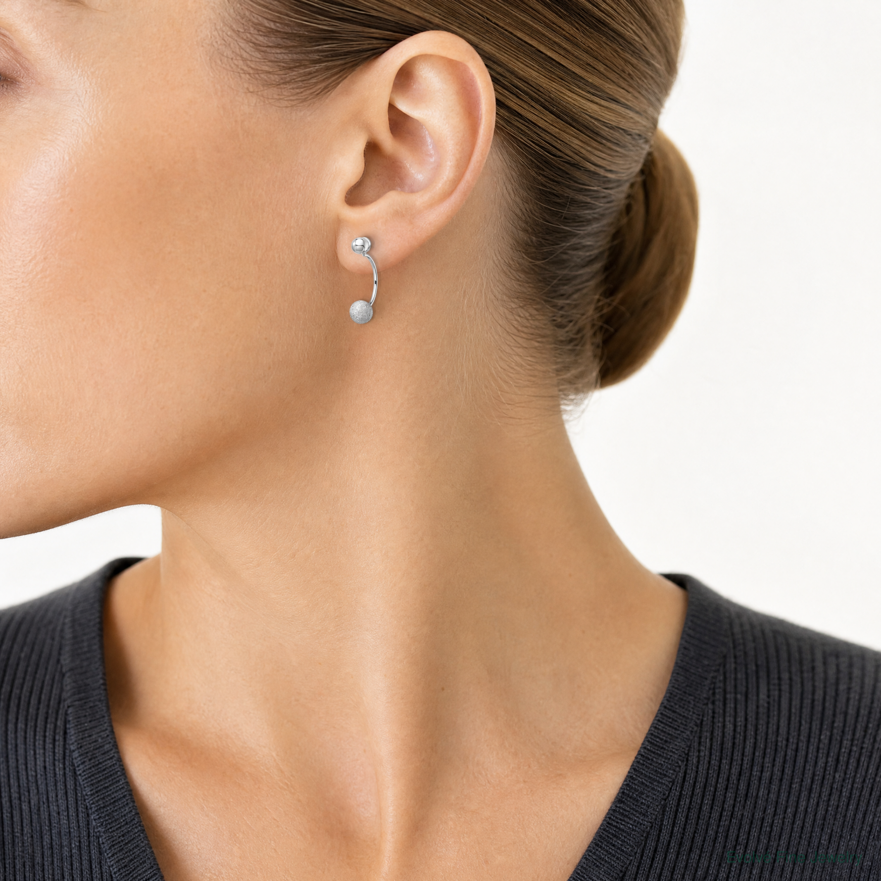 Sterling Silver Polished Laser-cut Bead Jackets w/Button Earrings - Model Shot