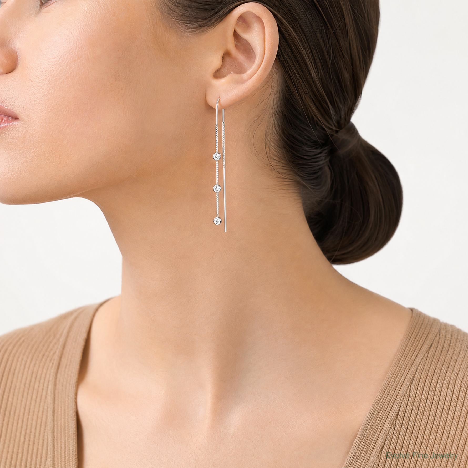 Sterling Silver Polished 3 Bezel Set CZs Threader Earrings - Model Shot