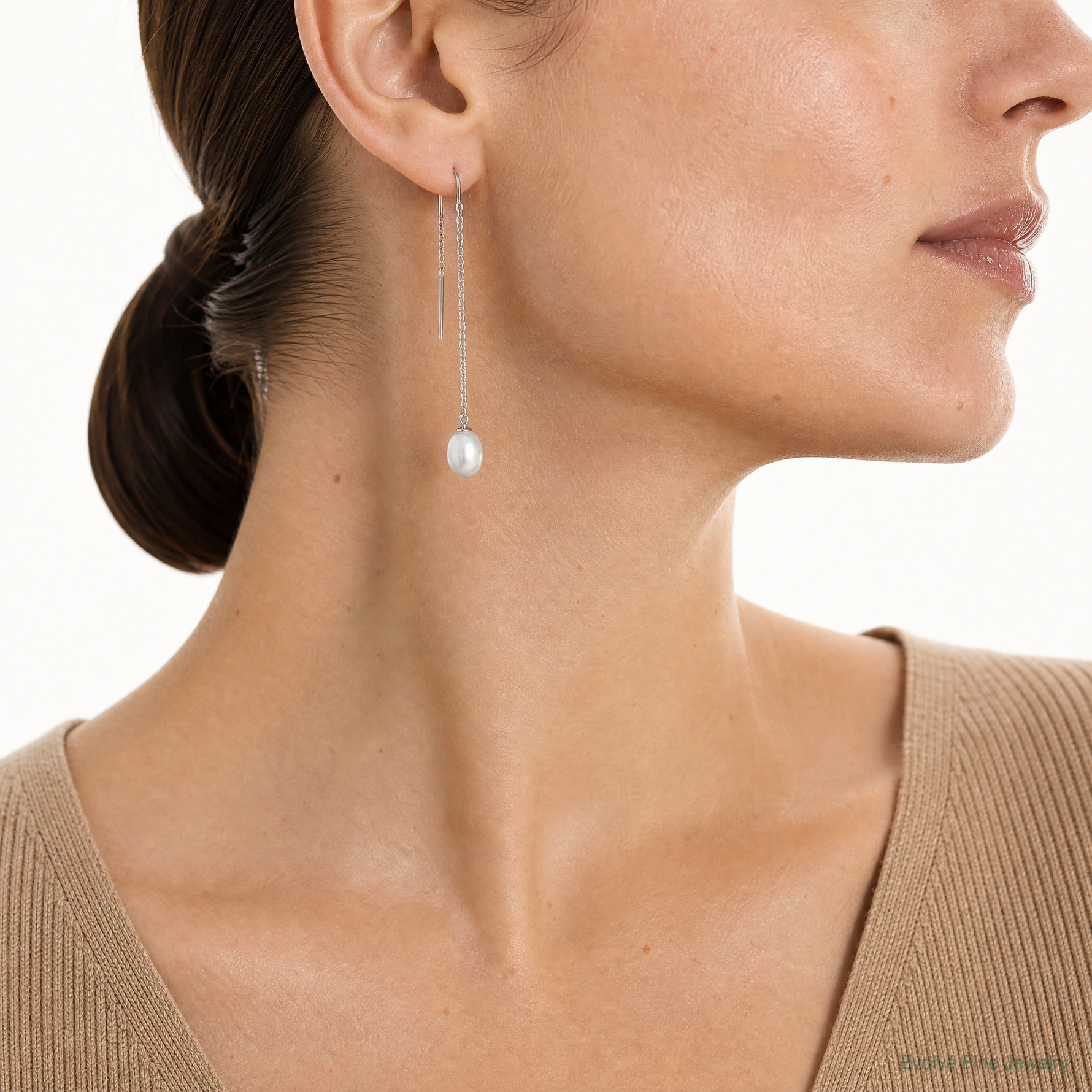 Sterling Silver Rhodium-plated 7-8mm FWC Pearl Threader Earrings - Model Shot