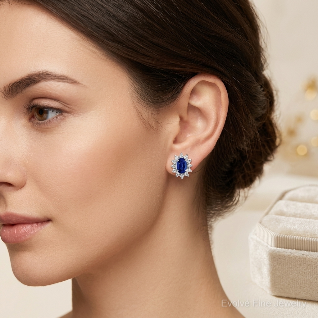 Sterling Silver Rhodium-plated CZ/Lab Cr. Blue Sapphire Earrings - Model Shot