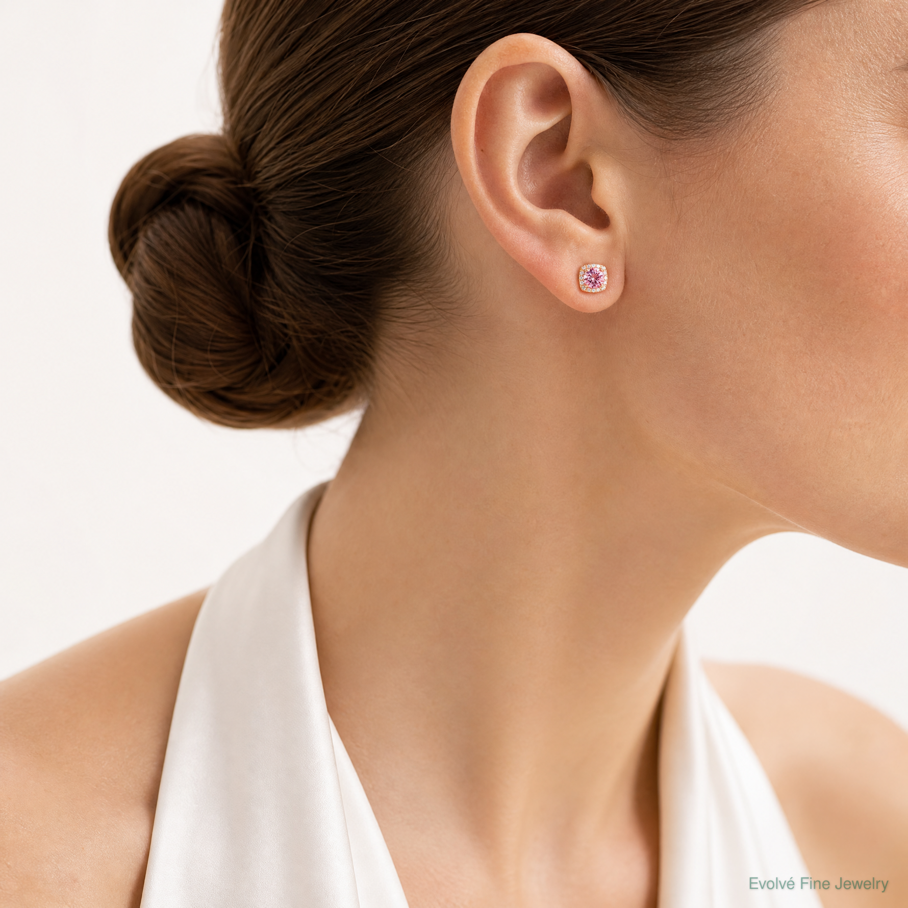 Sterling Silver Rose-tone Square Pink Crystal Center and CZ Post Earrings - Model Shot