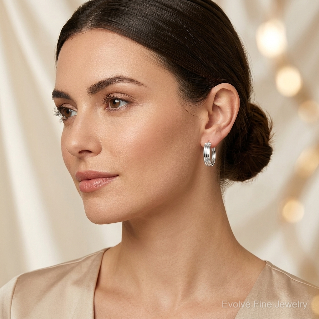 Sterling Silver Polished Grooved 6.5x20mm Hoop Earrings - Model Shot