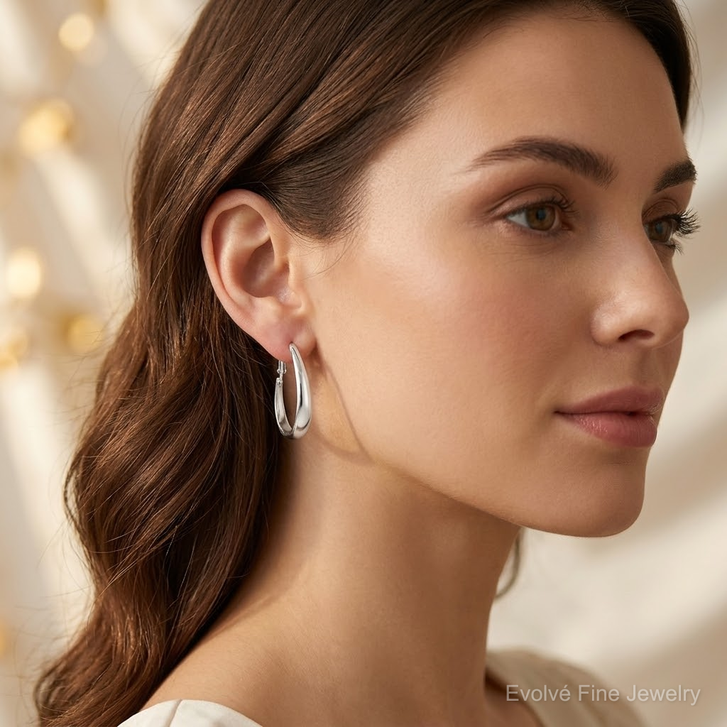 Sterling Silver Polished Omega Back Hoop Earrings - Model Shot