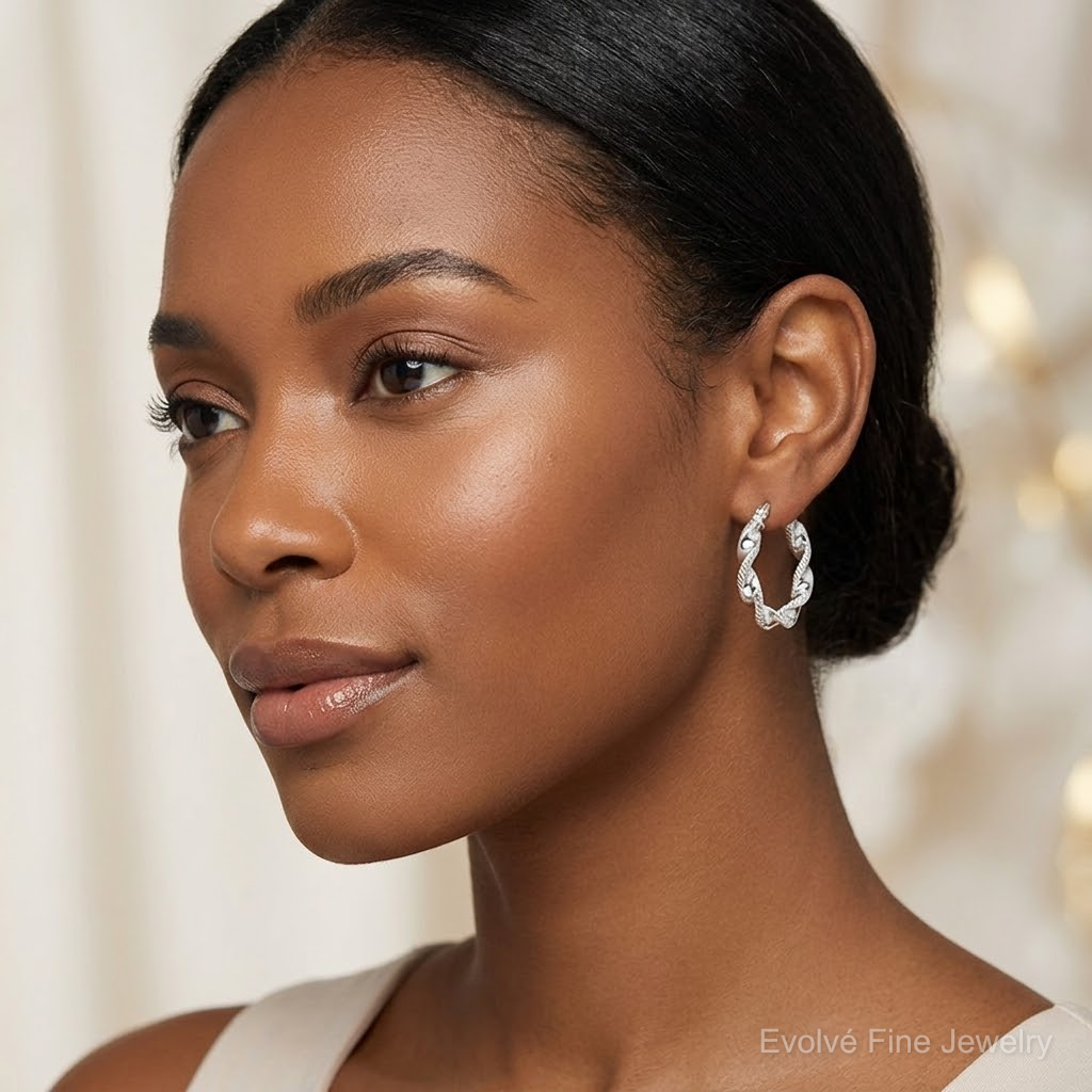 Sterling Silver Twisted and Textured Hoop Earrings - Model Shot