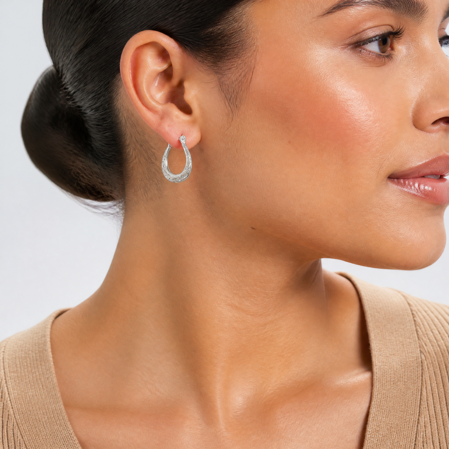 Sterling Silver Polished Swirl Filigree Hoop Earrings - Model Shot