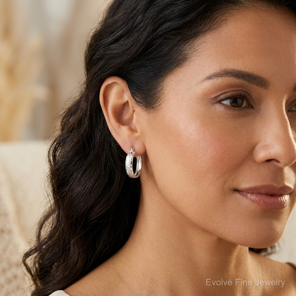 Sterling Silver Polished & Textured 5mm Round Hoop Earrings - Model Shot