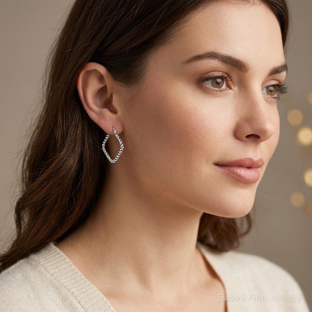 Sterling Silver Antiqued Textured Square Hoop Earrings - Model Shot