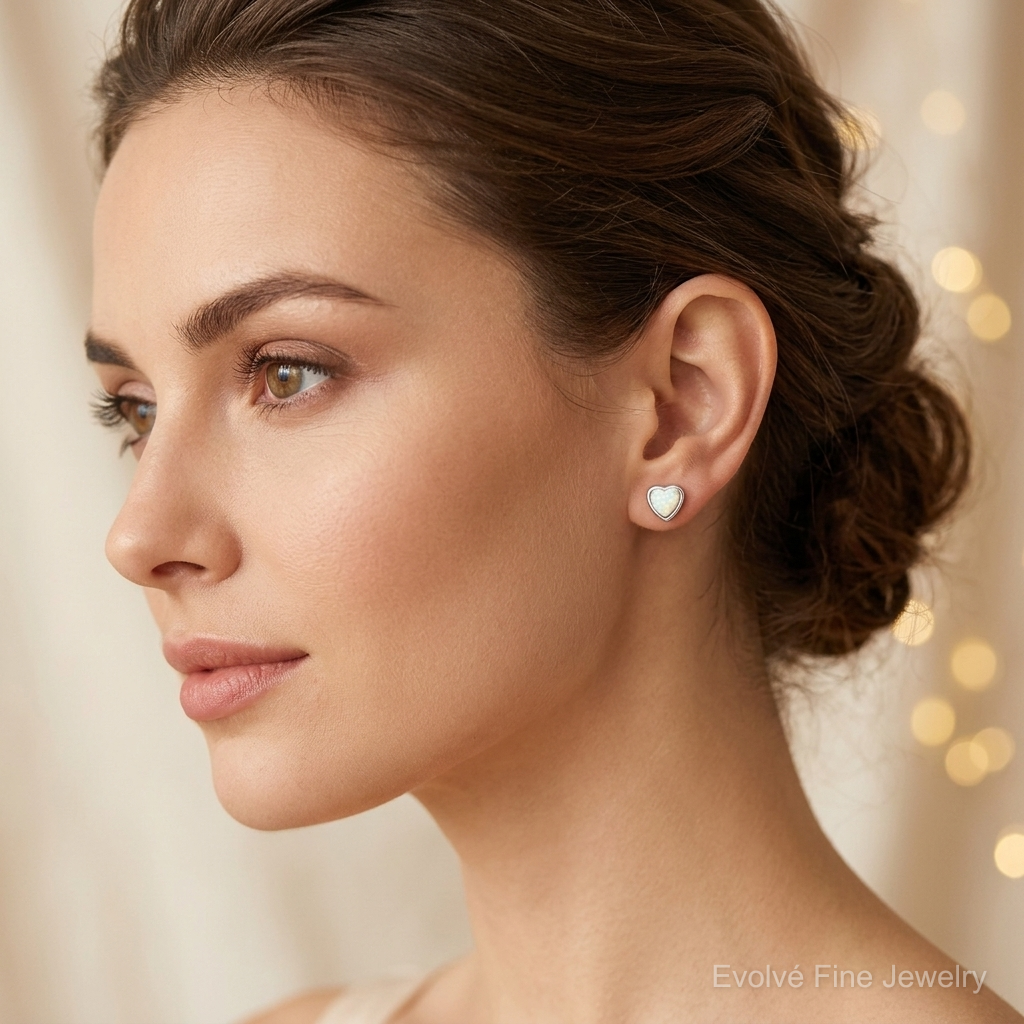 Sterling Silver Rhodium Plated Lab Created Opal Post Earrings - Model Shot