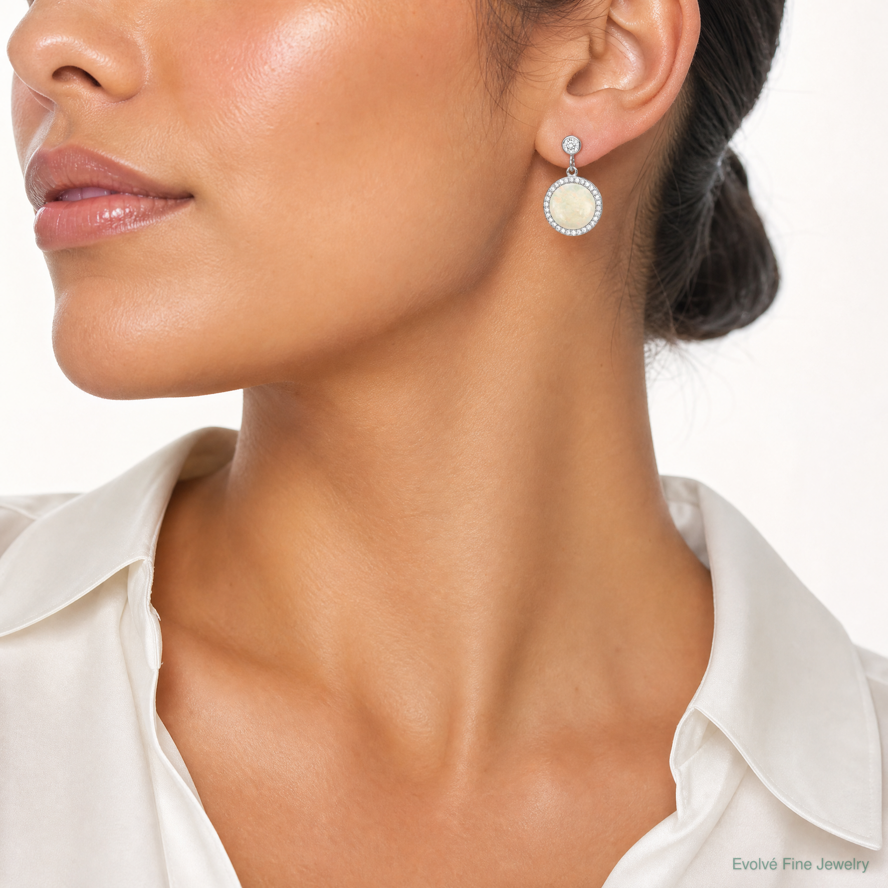 Sterling Silver Rhodium-plated Lab Created Opal and CZ Dangle Earrings - Model Shot