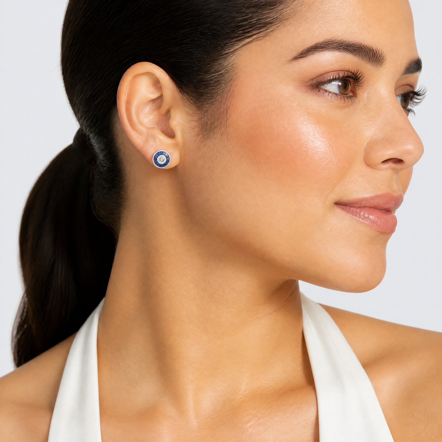 Sterling Silver Rhodium-plated Synthetic Blue Spinel and CZ Earrings - Model Shot