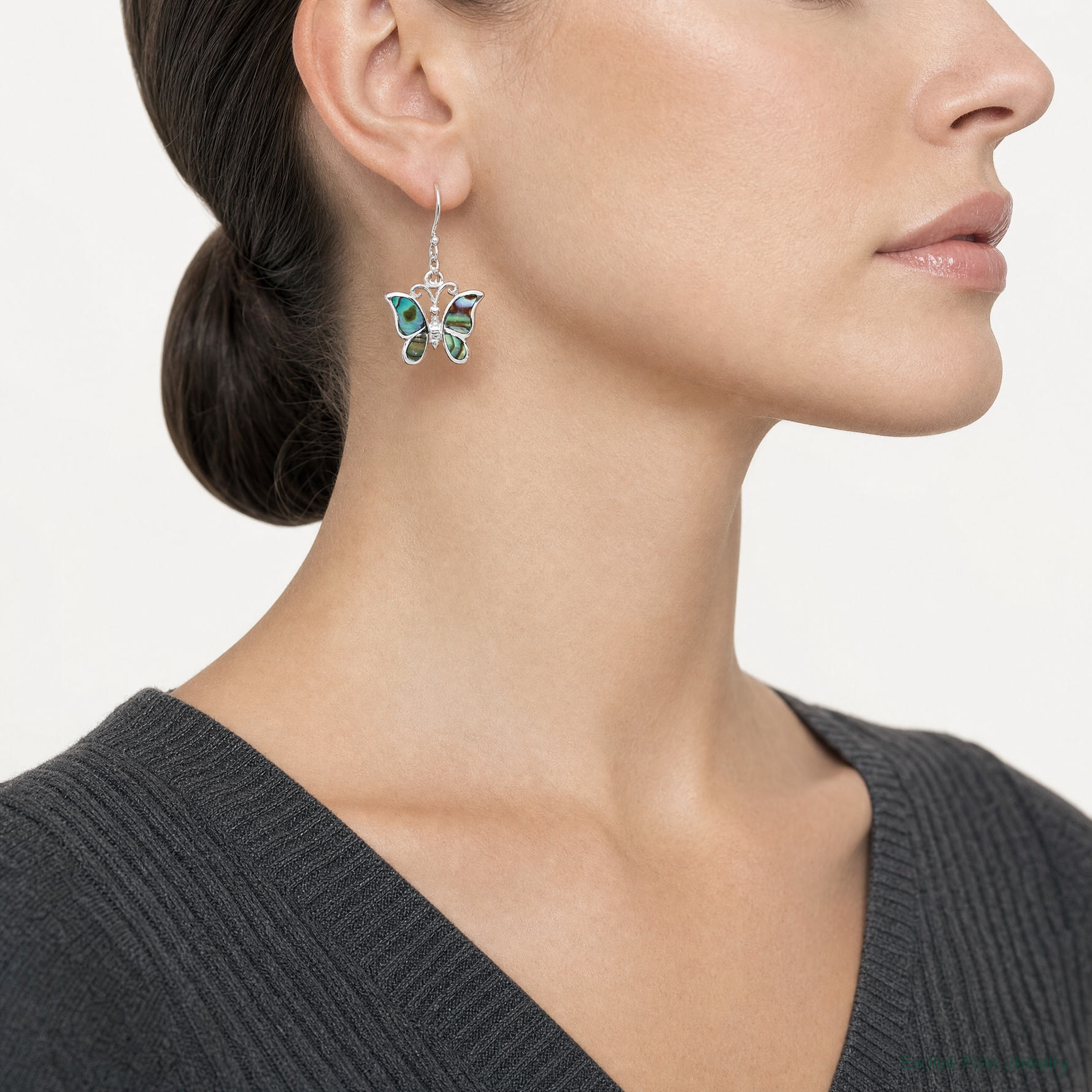 Sterling Silver Rhodium-plated Abalone Butterfly Dangle Earrings - Model Shot