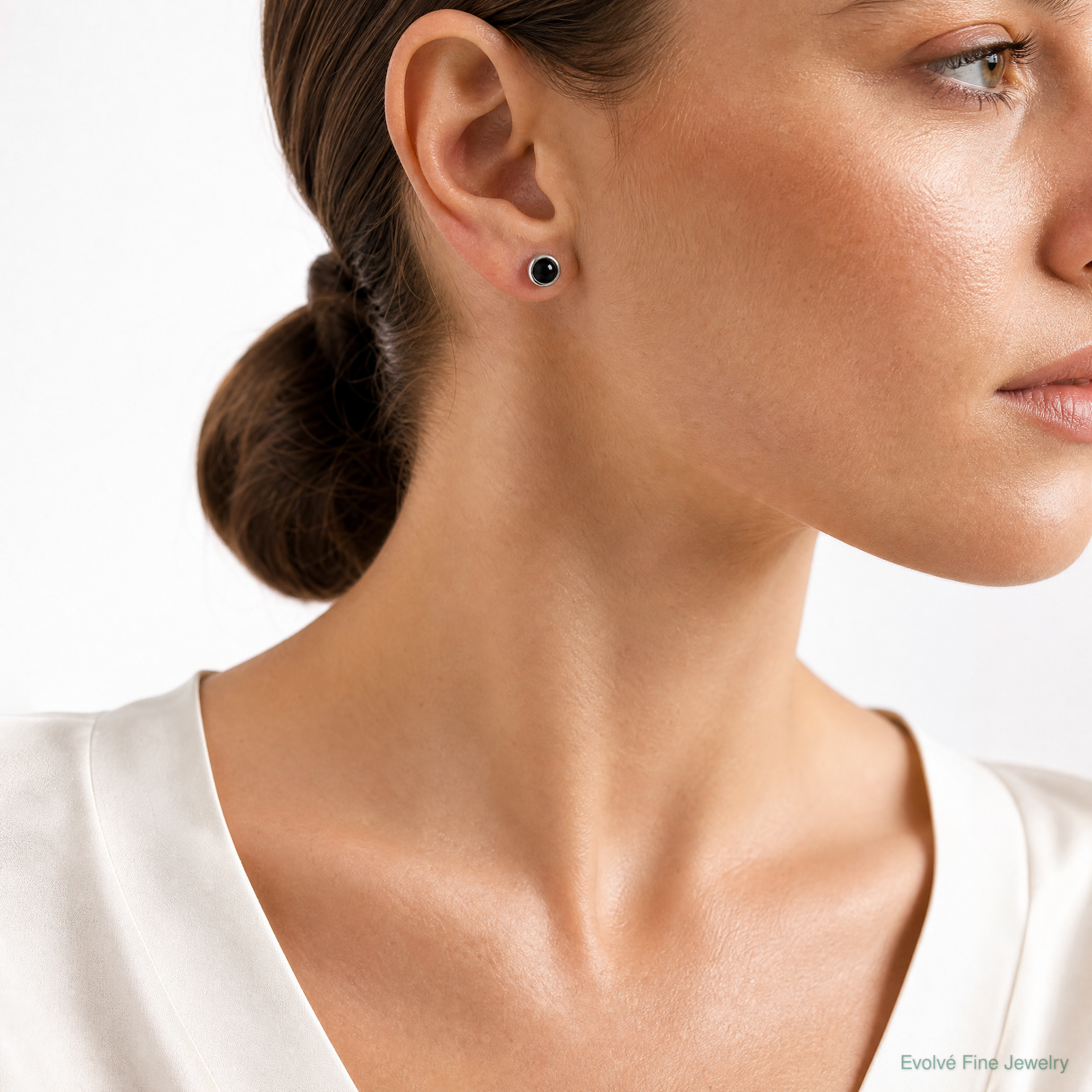 Sterling Silver Rhodium-plated Polished Onyx Round Bezel Stud Earrings - Model Shot