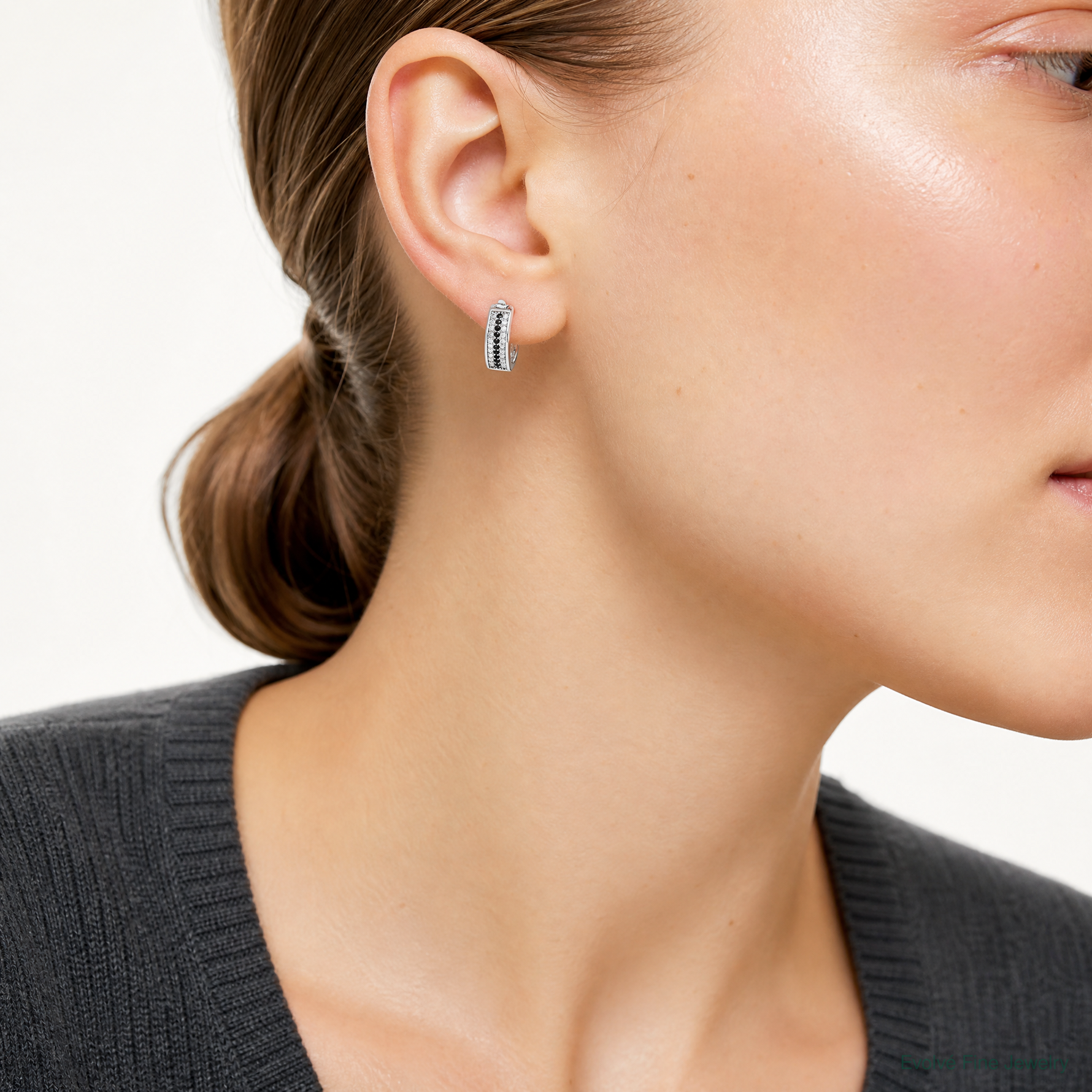 Sterling Silver RH-pltd Polished Black/White CZ 4mm Round Hoop Earrings - Model Shot