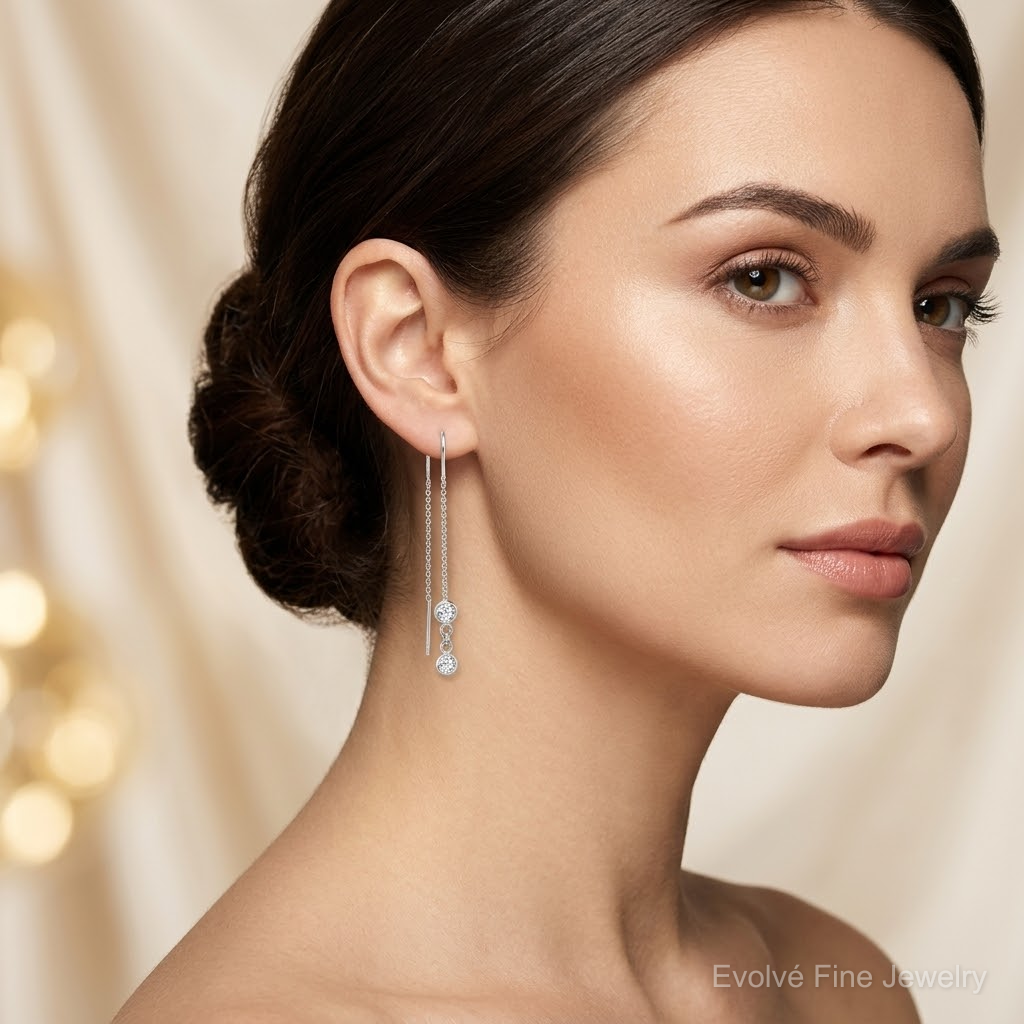 Sterling Silver Rhodium-plated CZ Threader Earrings - Model Shot