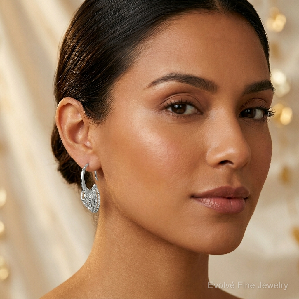 Sterling Silver Polished & Diamond-cut Circles Dangle Hoop Earrings - Model Shot
