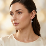 Sterling Silver Rhodium-plated CZ Cross Dangle Round Hoop Earrings - Model Shot