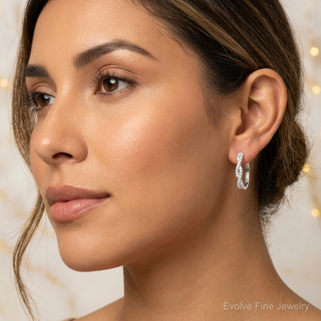 Sterling Silver Rhodium-plated CZ Twisted Oval Hoop Earrings - Model Shot