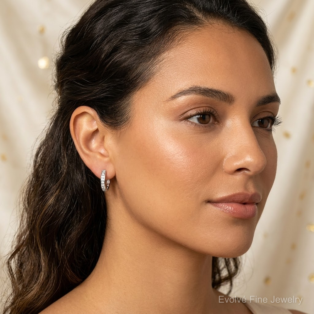 Sterling Silver Rhodium-plated CZ 3x16mm Hinged Hoop Earrings - Model Shot