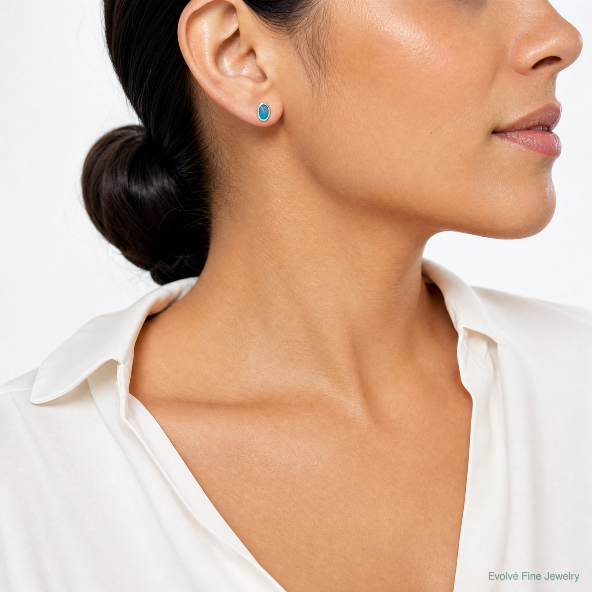 Sterling Silver RH-plated Polished Blue Created Opal Oval Stud Earrings - Model Shot