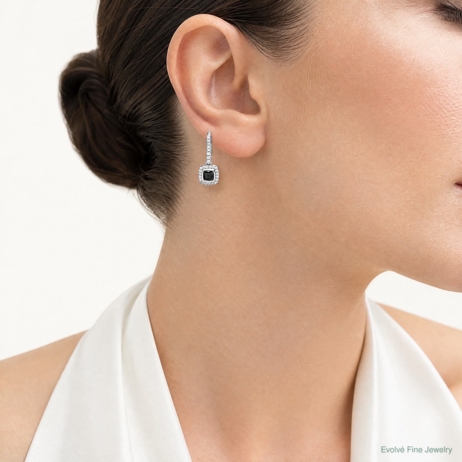 Sterling Silver Rhodium-plated Black & White CZ Halo Leverback Earrings - Model Shot