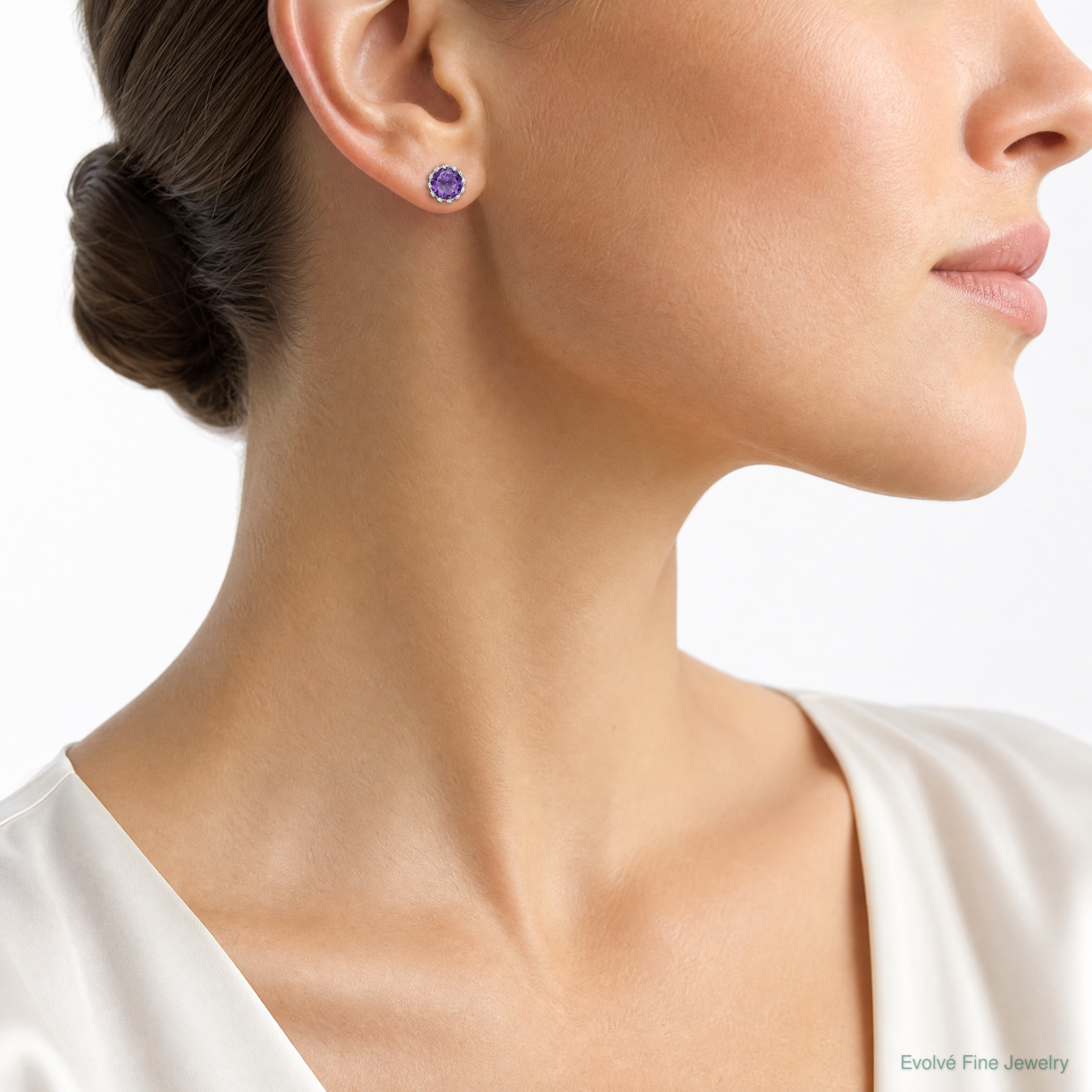 Sterling Silver Rhodium-plated 6mm Polished Amethyst Post Earrings - Model Shot
