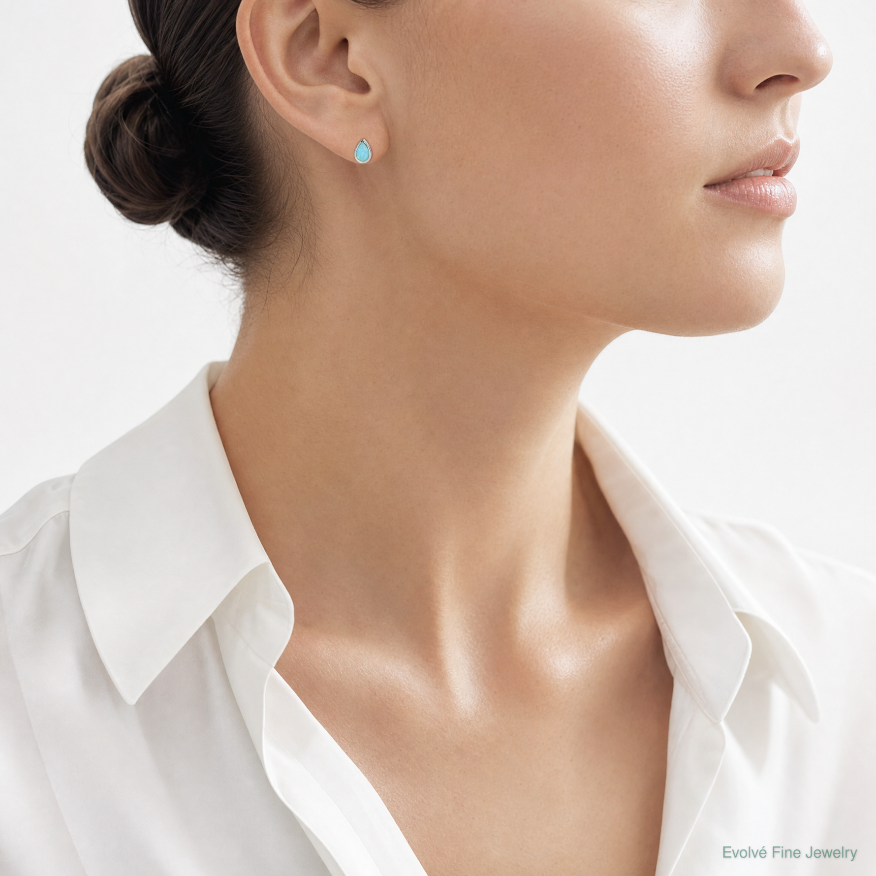 Sterling Silver RH-pltd Polished Blue Created Opal Teardrop Stud Earrings - Model Shot