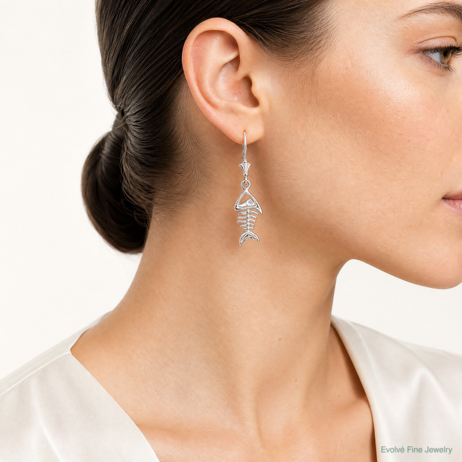 Sterling Silver Rhodium-plated Polished 3D Fishbone Leverback Earrings - Model Shot