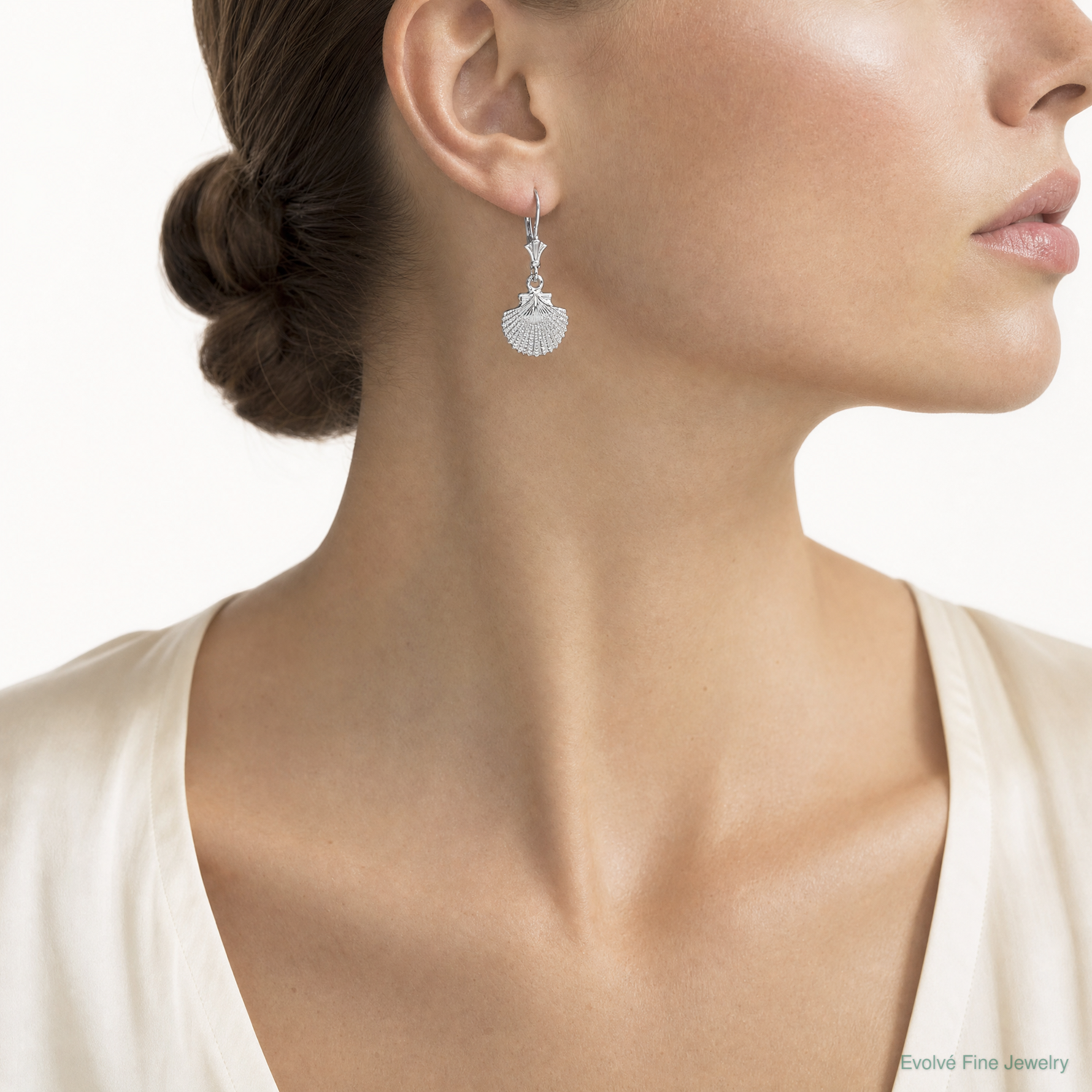Sterling Silver Rhodium-plated Polished Scallop Shell Leverback Earrings - Model Shot