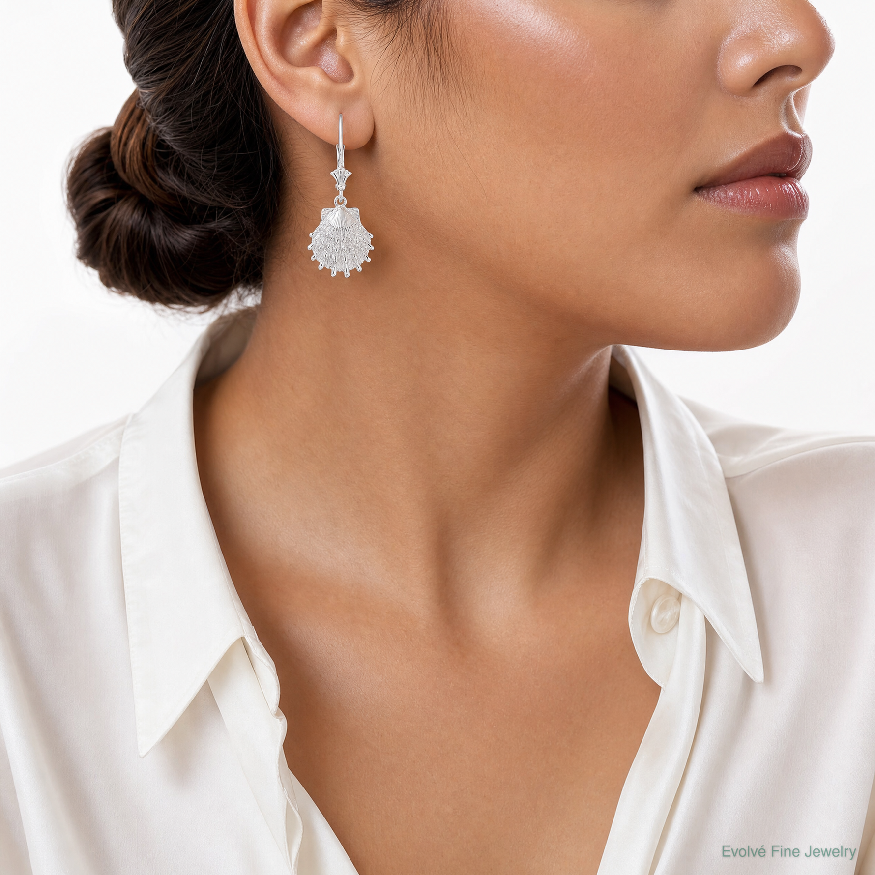Sterling Silver Polished Lions Paw Shell Leverback Earrings - Model Shot