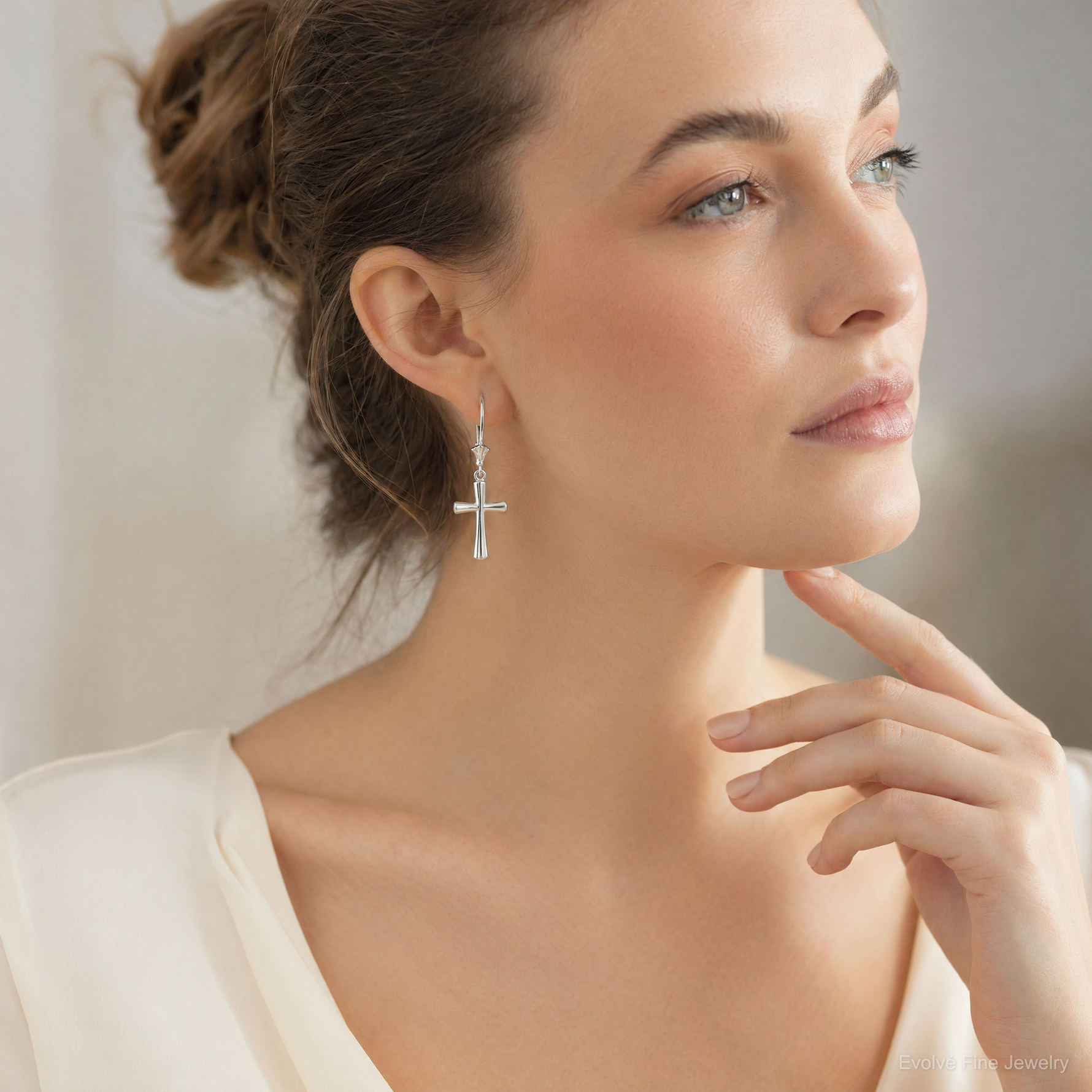 Sterling Silver Rhod-plated Polished Beveled Latin Cross Leverback Earrings - Model Shot