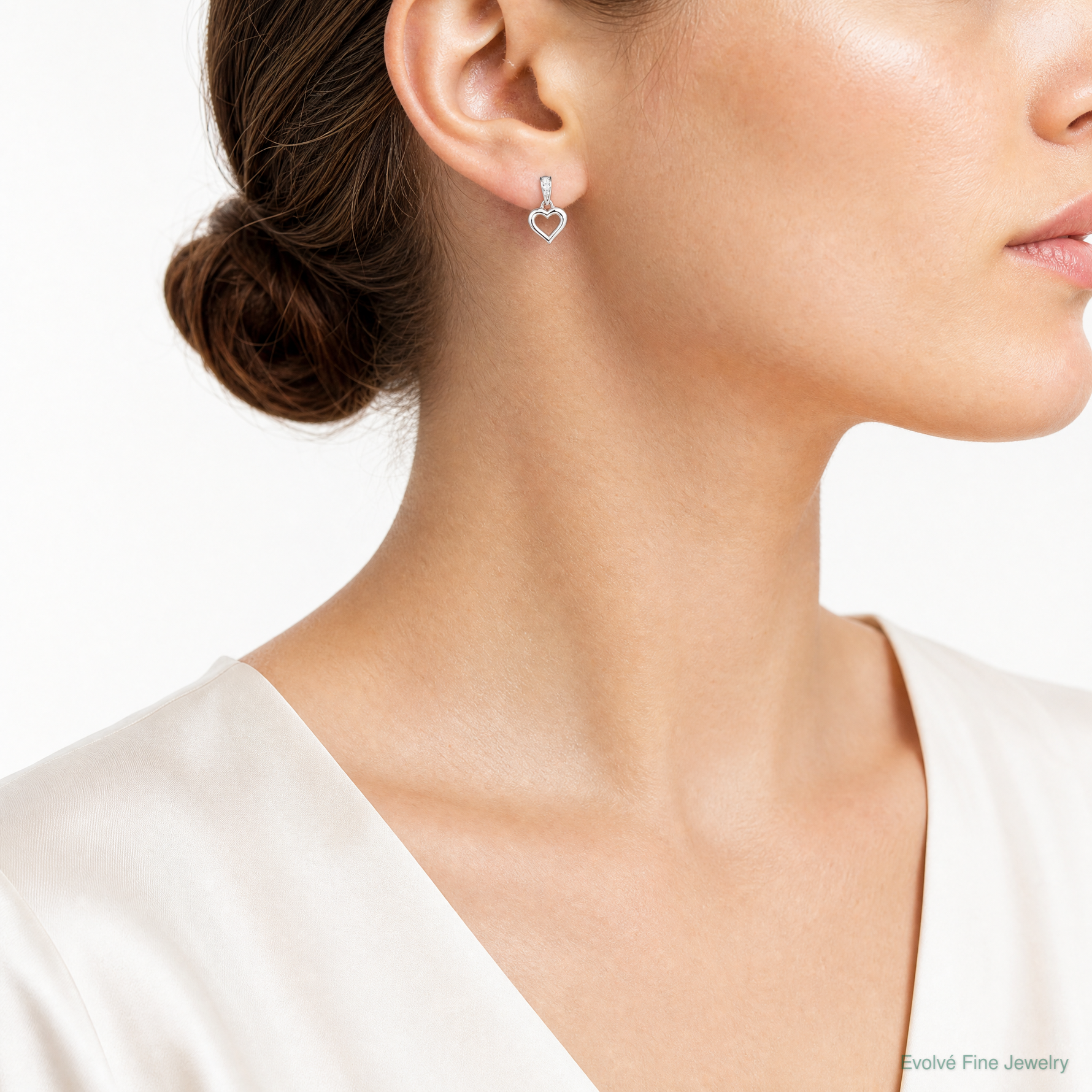 Sterling Silver RH Polished CZ Heart Post Dangle Earrings - Model Shot