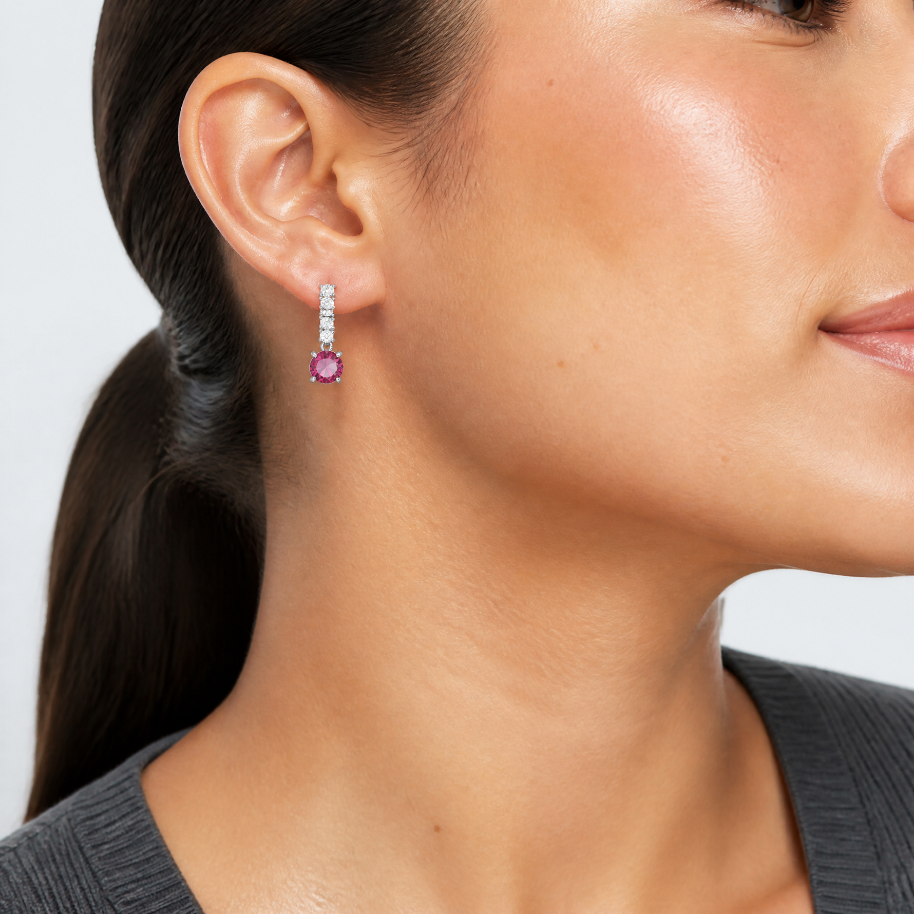 Sterling Silver Rhodium-plated Created Ruby and CZ Post Dangle Earrings - Model Shot