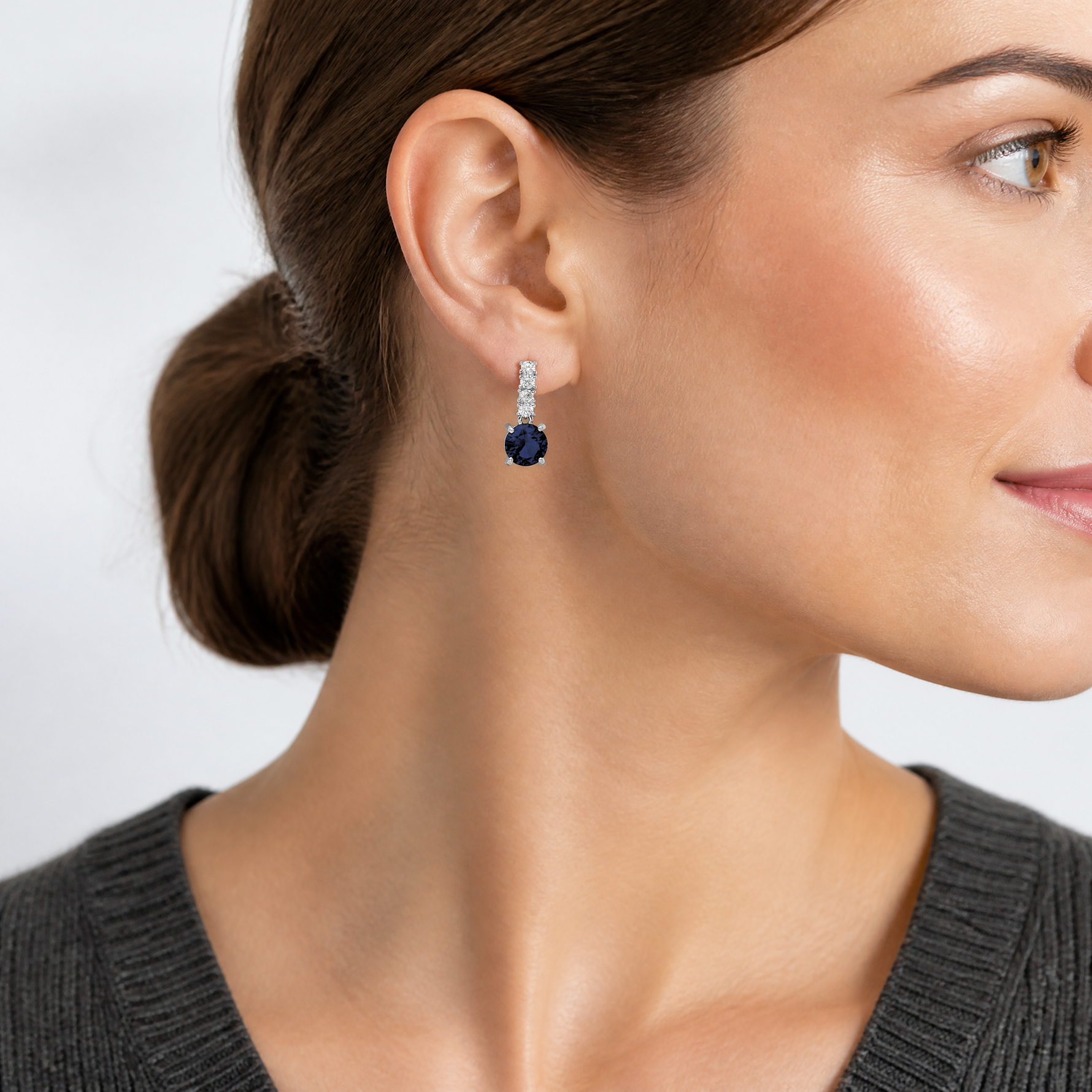 Sterling Silver Polished Rhodium Cr. Blue Spinel and CZ Post Dangle Earring - Model Shot