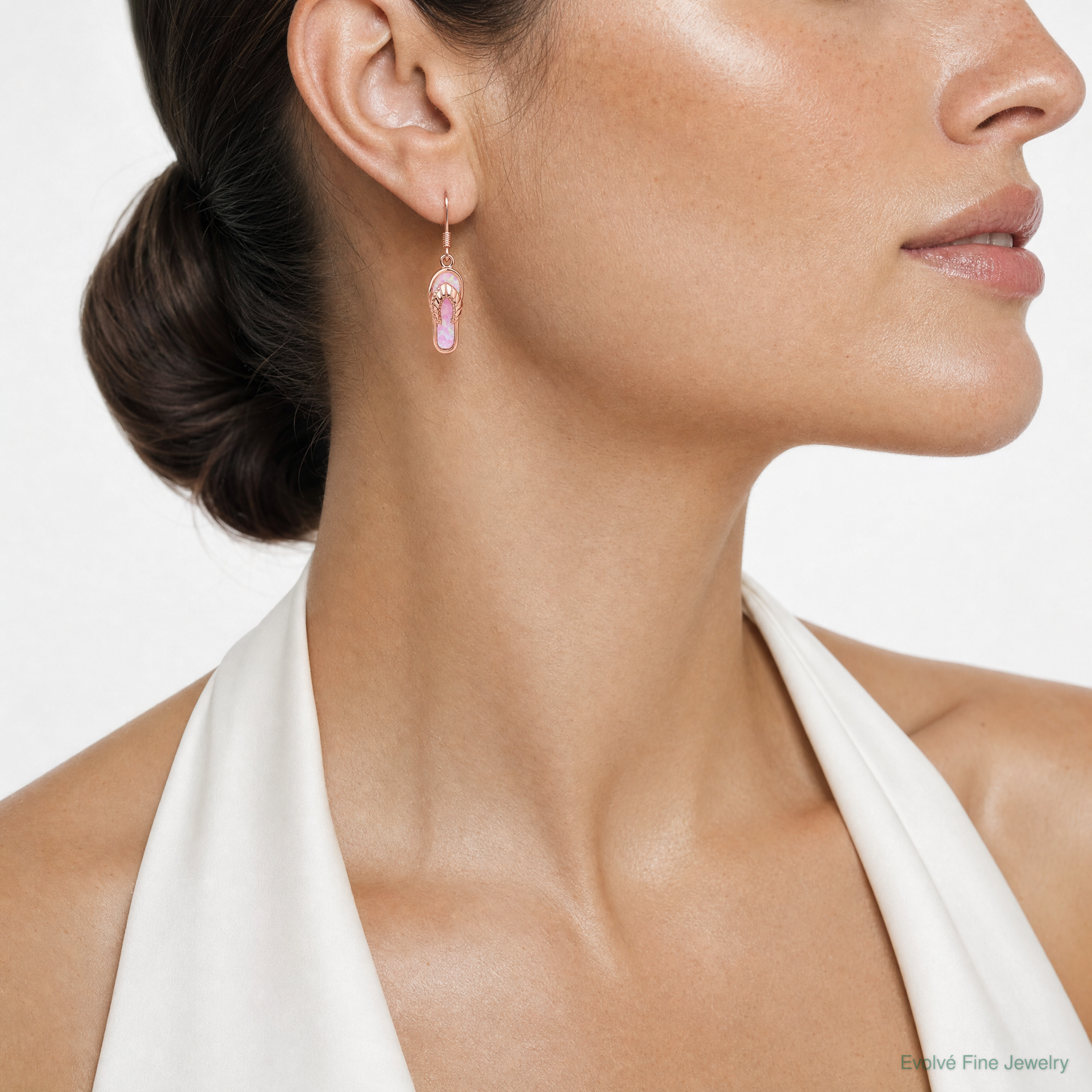 Sterling Silver Rose-tone Pink Created Opal Inlay Flip Flop Dangle Earrings - Model Shot