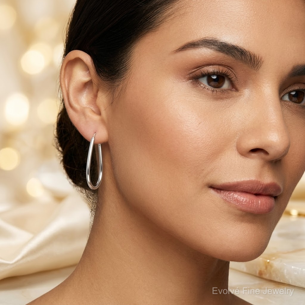 Sterling Silver Polished Endless Teardrop Hoop Earrings - Model Shot